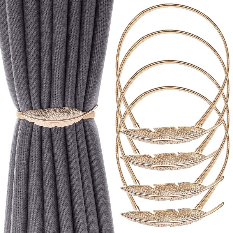 LLPMutu 4Pack Curtain Tiebacks Aluminum Alloy Spring Design Curtain Holdback Leaf Carving Design Curtain Ties for Drapes Curtain Ties Backs Curtain Modern Simple Style Curtain Holdback Decor (Gold Feather) - Image 1